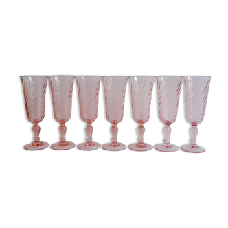 Set of 7 vintage rosaline pink champagne flutes