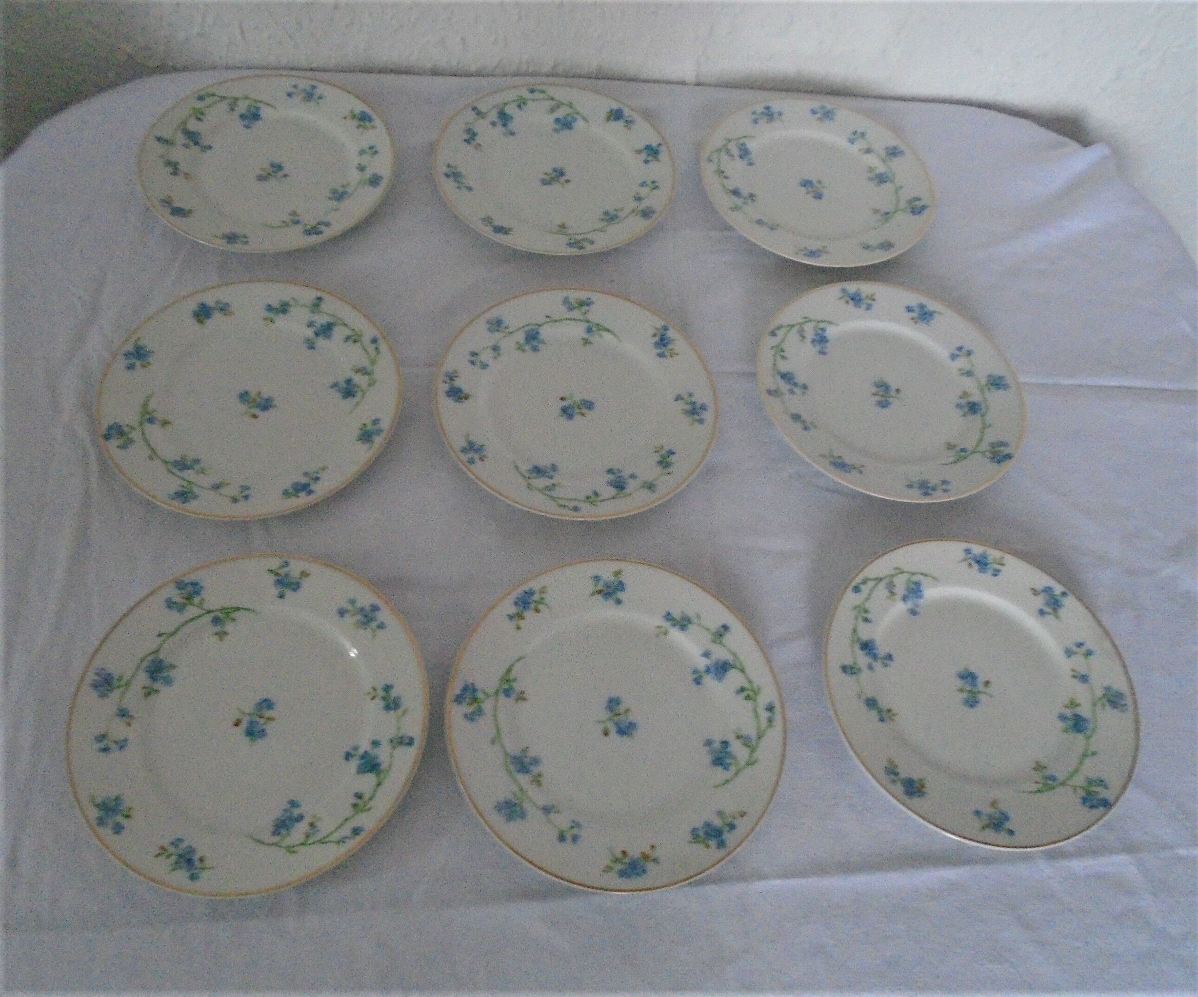 9 plates dessert porcelain of Limoges decorated with small blue flowers