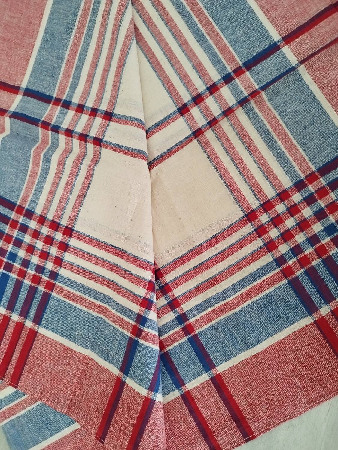 Square cotton tablecloth vintage red and blue checks and stripes