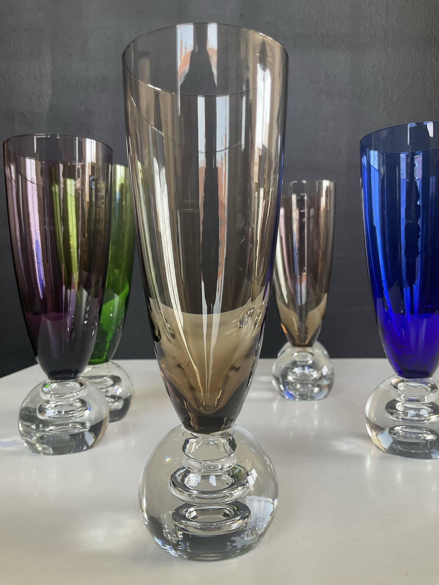 Set of 6 vintage coloured glass champagne coupes