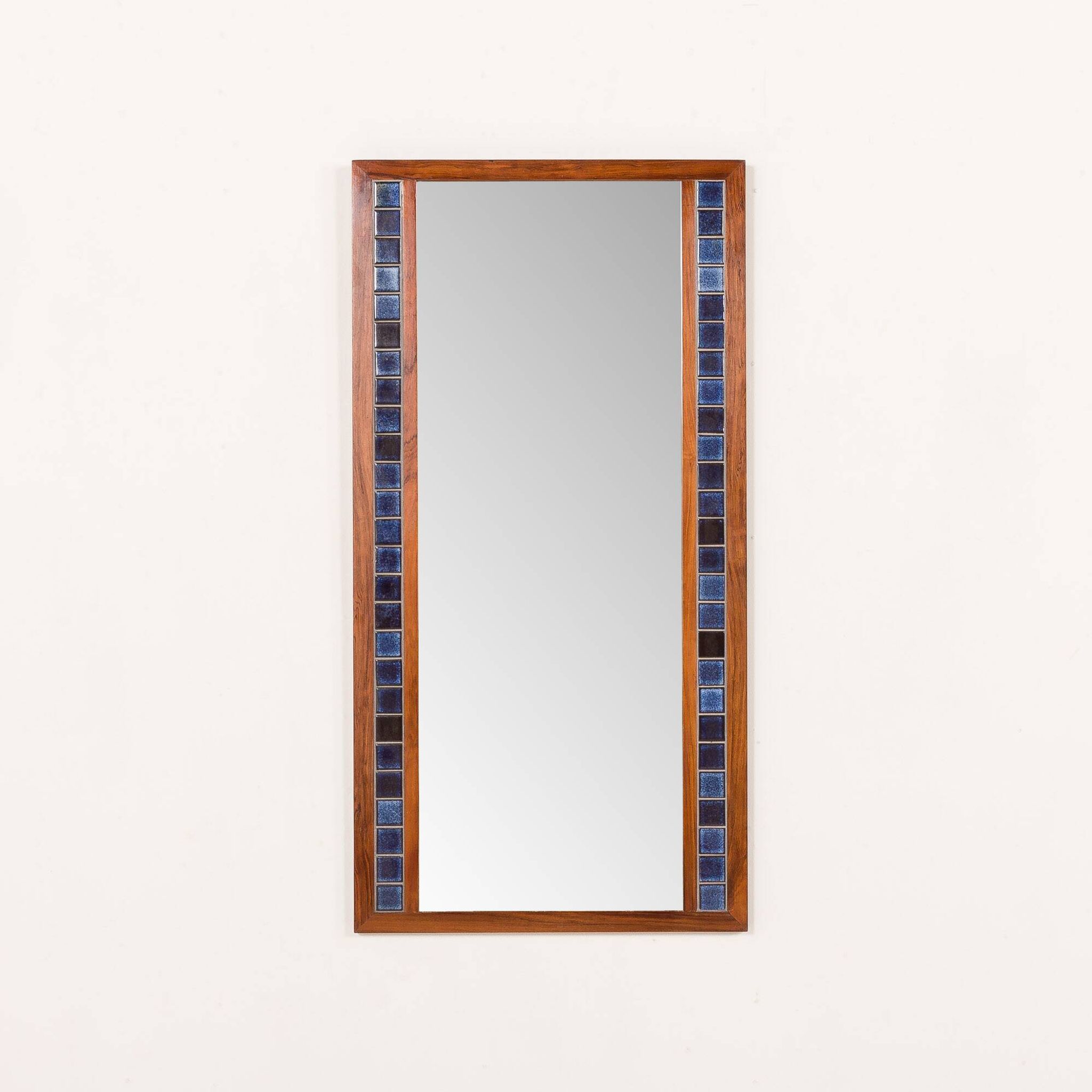 Scandinavian mid century XL rosewood wall mirror with blue tiles, 1970s