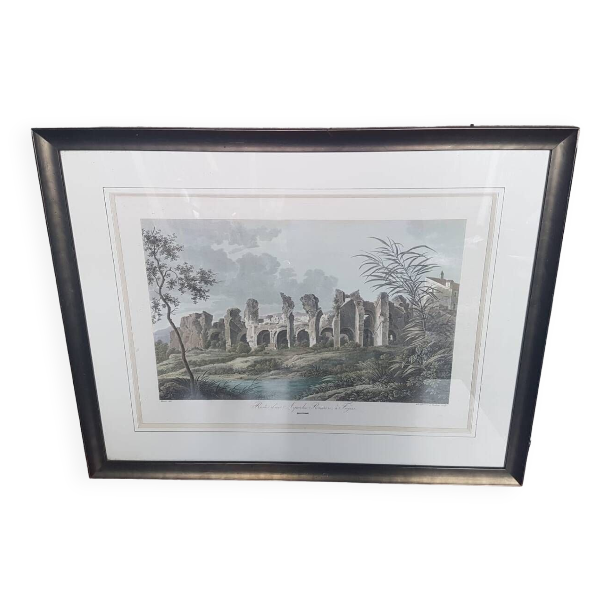 Old Color Lithograph “Roman Aqueduct Fréjus” + Black Wood Frame #A686