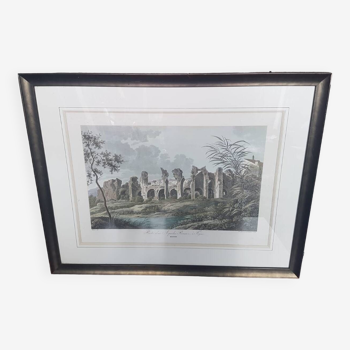 Old Color Lithograph “Roman Aqueduct Fréjus” + Black Wood Frame #A686