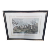 Ancienne Lithographie Couleur « Aqueduc Romain Fréjus » + Cadre Bois Noir #A686