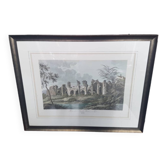 Old Color Lithograph “Roman Aqueduct Fréjus” + Black Wood Frame #A686