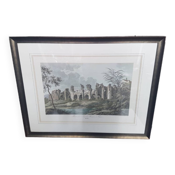 Old Color Lithograph “Roman Aqueduct Fréjus” + Black Wood Frame #A686