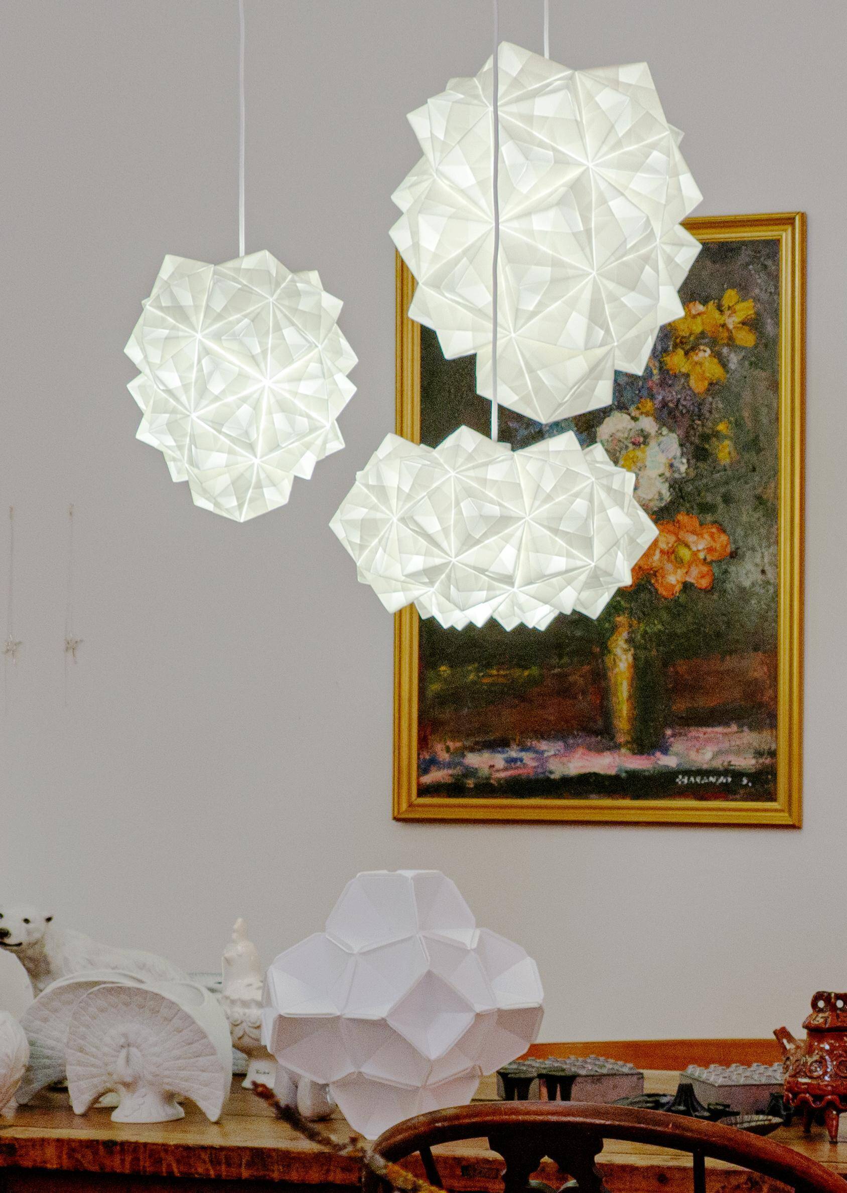 Large Japanese Style Hand-folded White Paper Pendant Light "Amaea", Sonobe Light