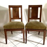 Pair of wooden chairs in green corduroy velvet in Directoire style.