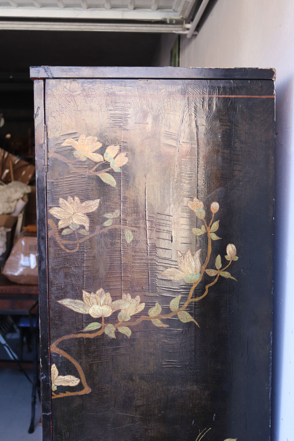 Black and red chinoiserie wardrobe – illuminated vintage furniture