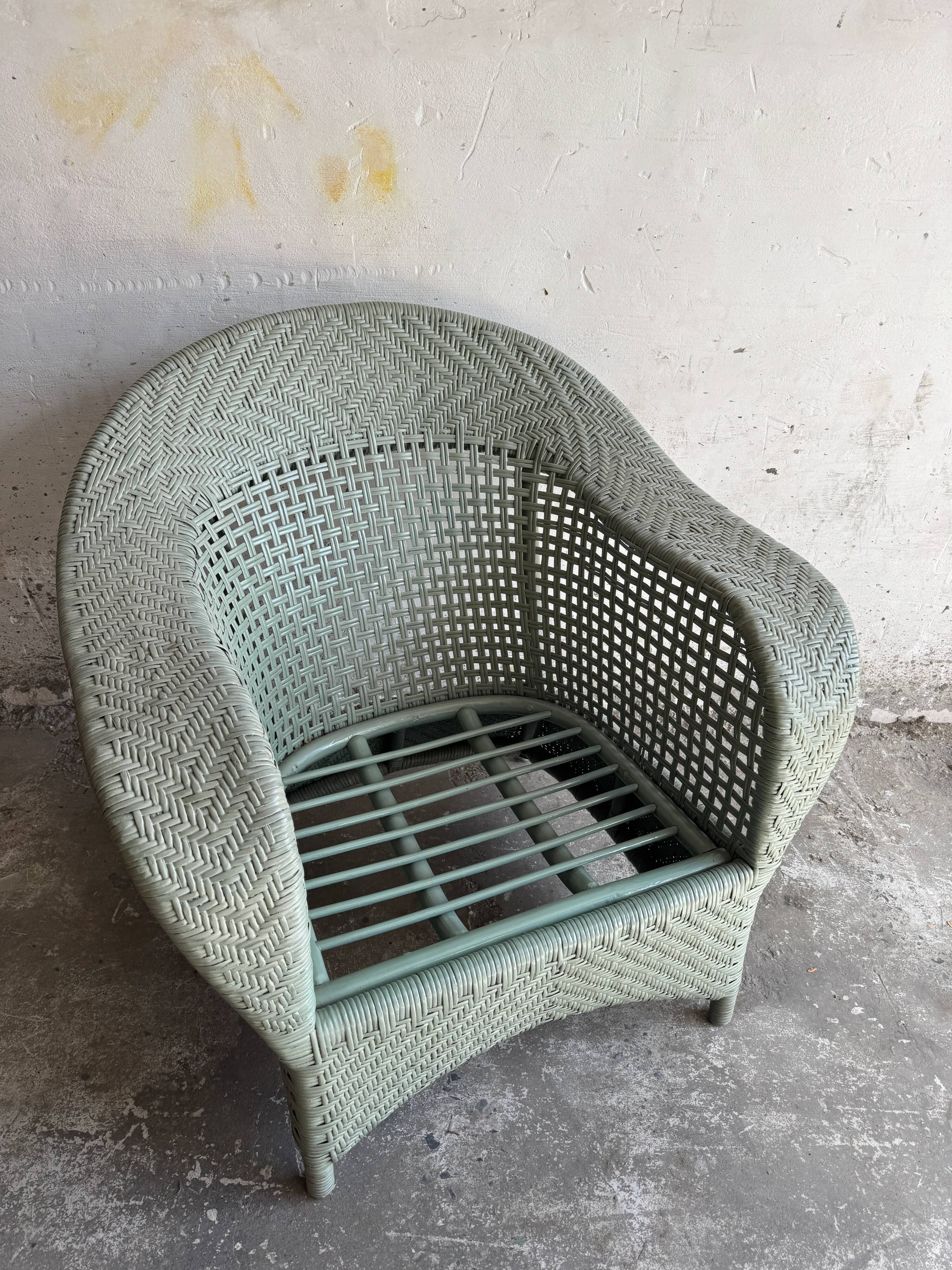 Mint Green Wicker Lounge Chair with Pastel Cotton Cushions — 1980s Coastal Revival