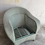 Mint Green Wicker Lounge Chair with Pastel Cotton Cushions — 1980s Coastal Revival