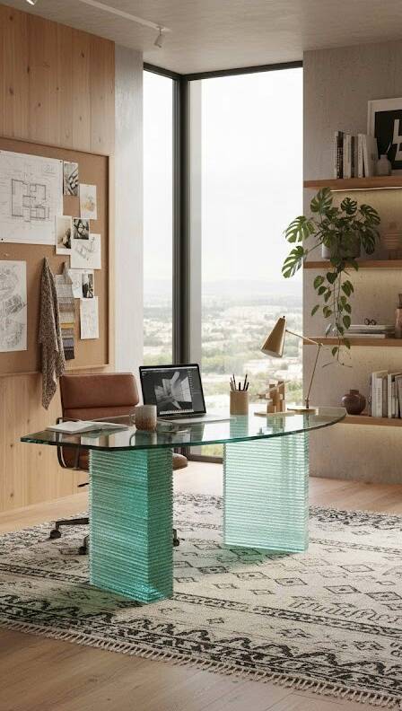 Solid glass desk with a half-moon top.