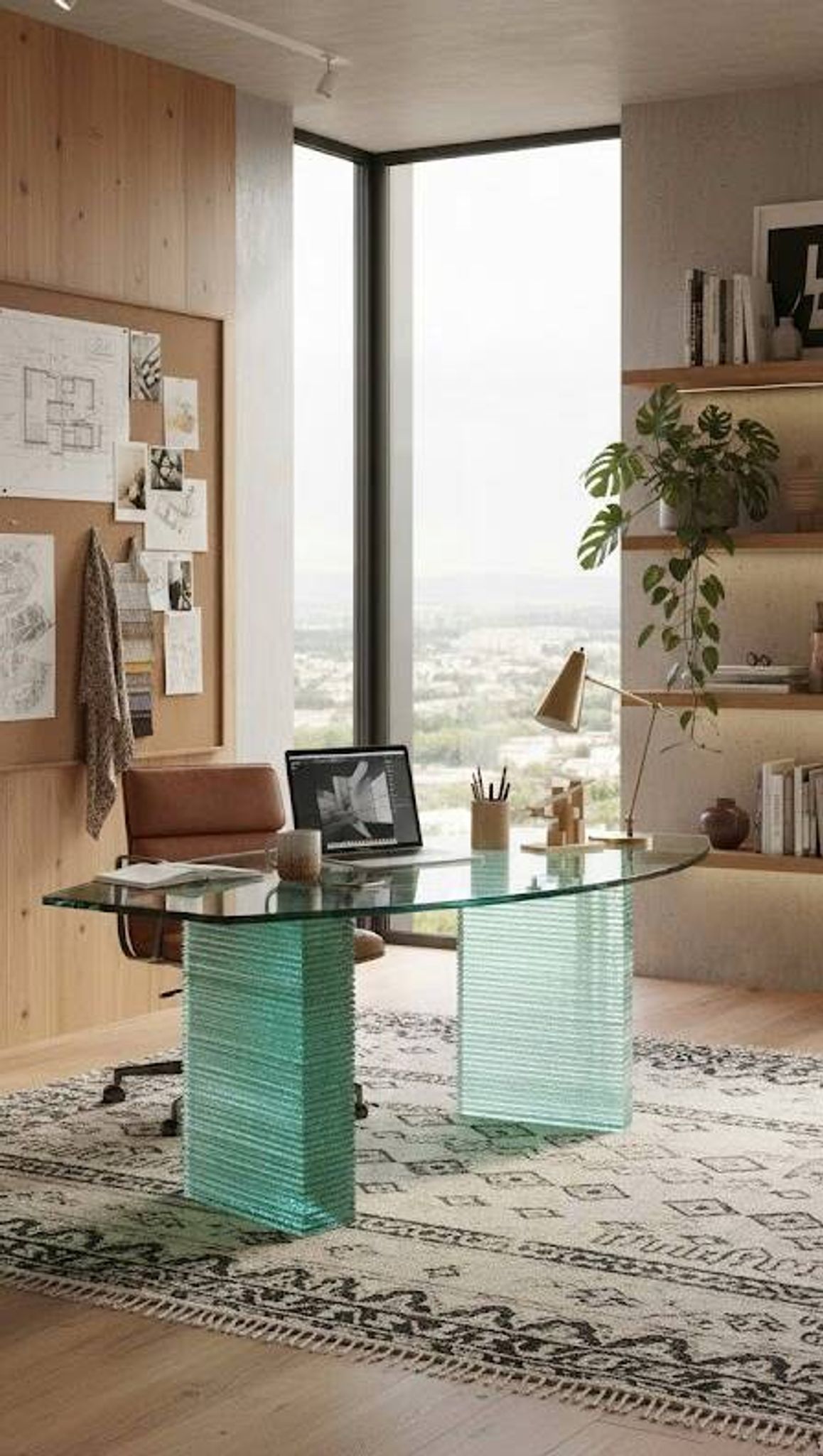 Bureau demi-lune en verre massif
