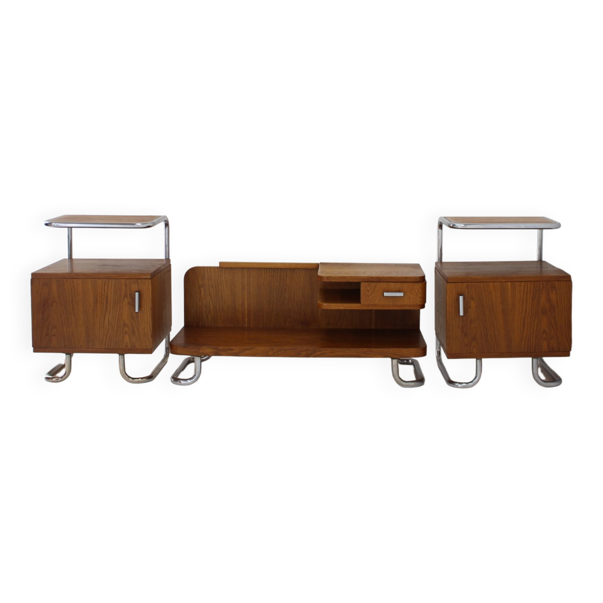 1950s Set of  Oak Bauhaus Mirror Cabinet and Bedside Tables, Czechoslovakia
