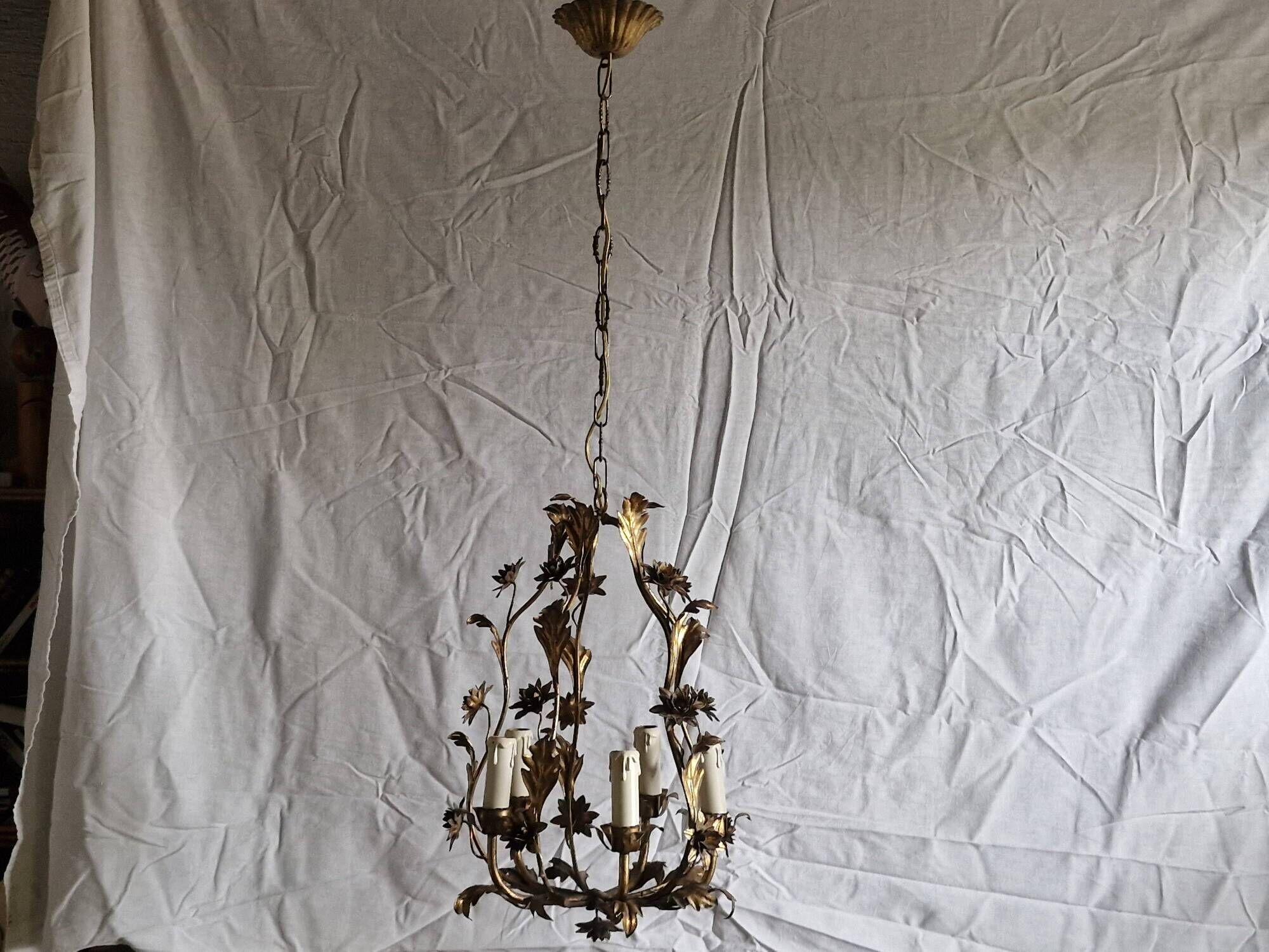 Rare suspension / antique chandelier with 5 lights - Flowers & Foliage in gilded metal