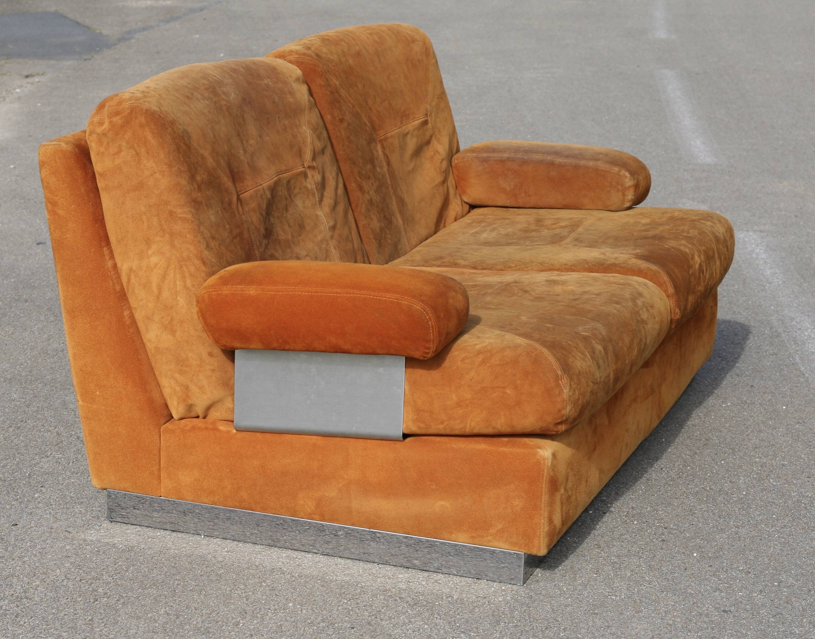 Orange suede leather and steel sofa. Circa 1970