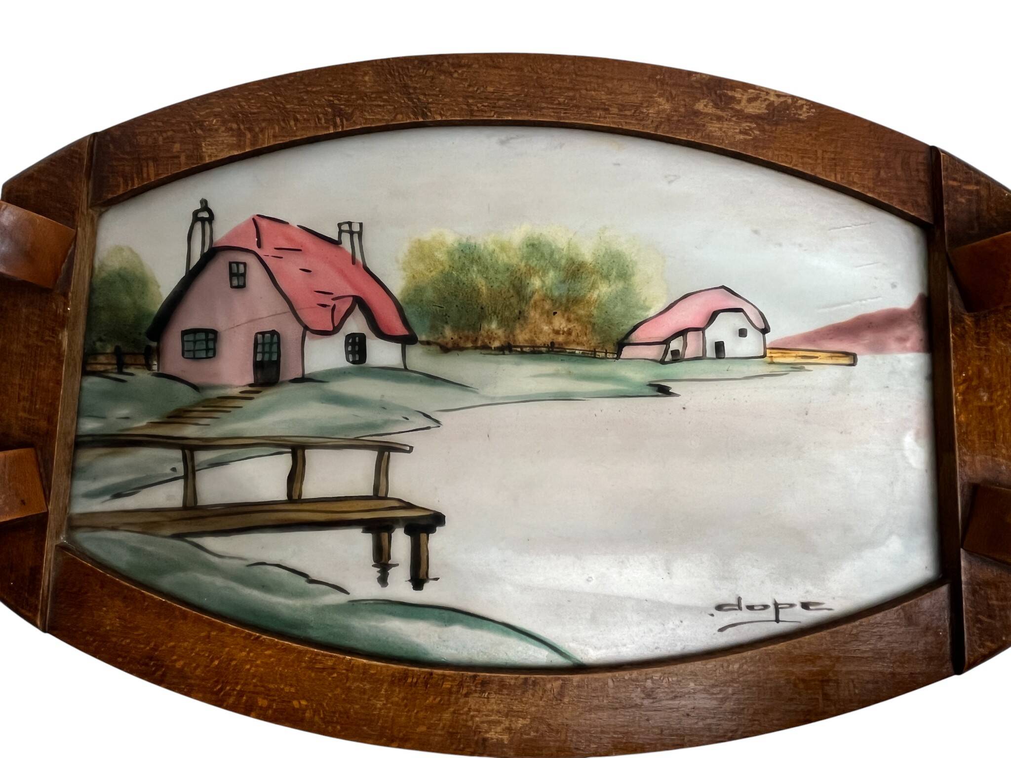 Art Deco, painted glass top, wooden frame, signed Dope, circa 1930