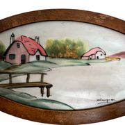 Art Deco, painted glass top, wooden frame, signed Dope, circa 1930