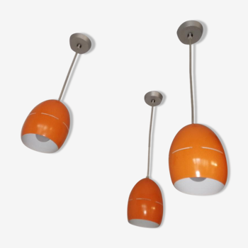 Suite of 3 vintage orange pendant lamps 70s