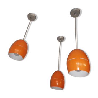 Suite of 3 vintage orange pendant lamps 70s