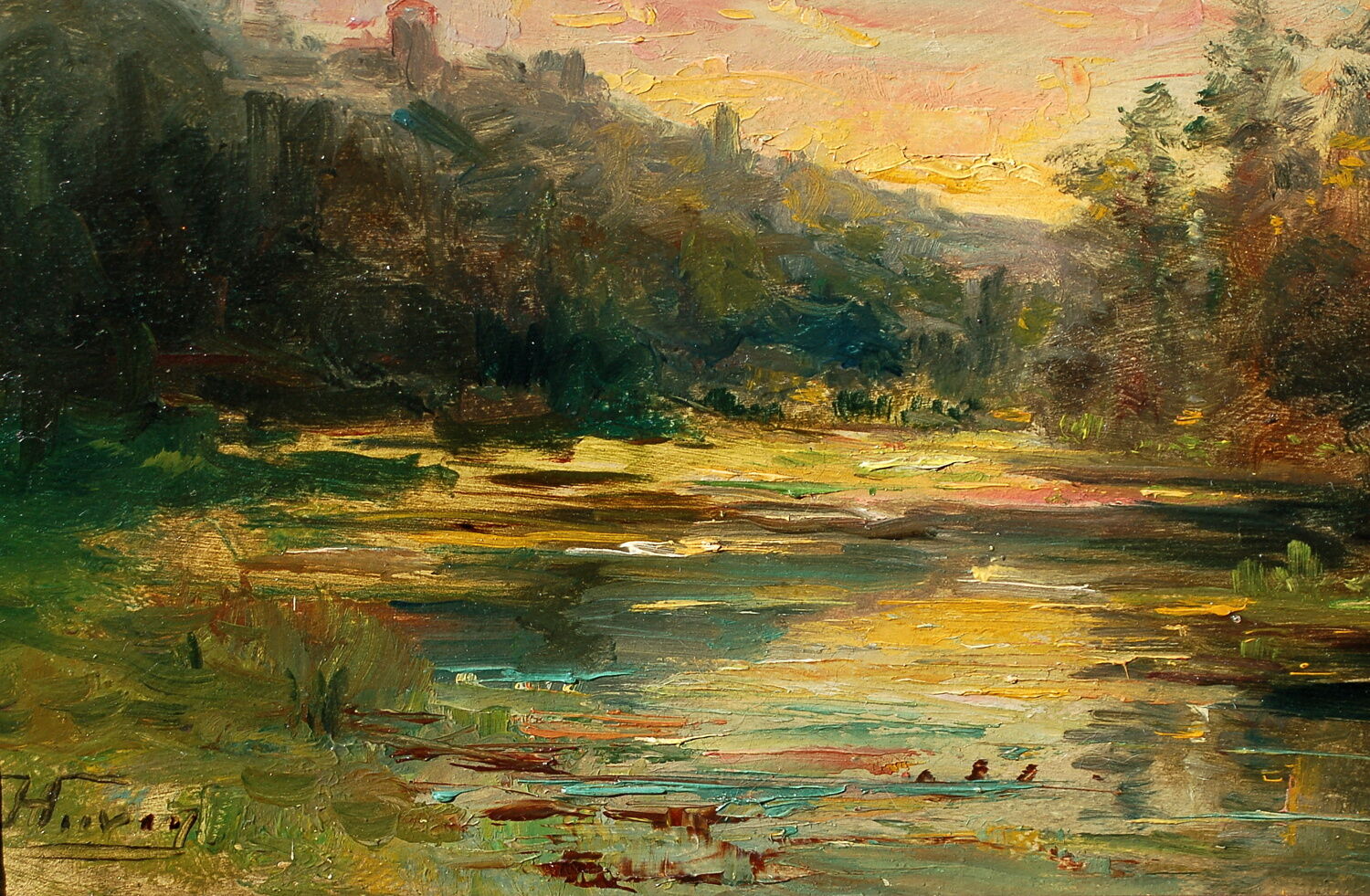 School Lyonnaise J. HUVEY Landscape at sunset
