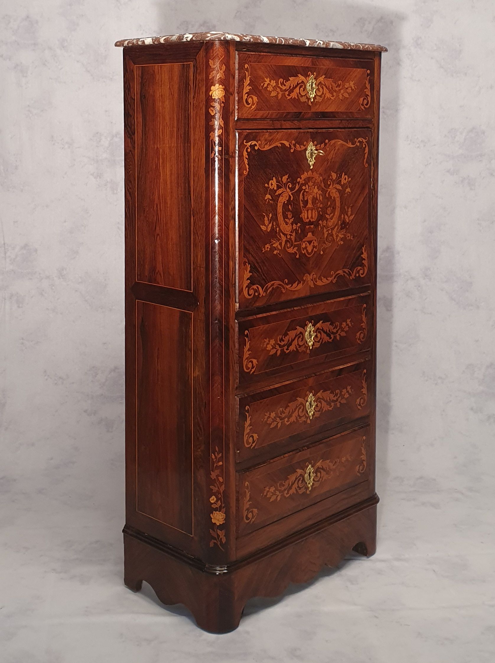 Secretary-Right Period Napoleon III - Rich Floral Marquetry - 19th - Palissandre