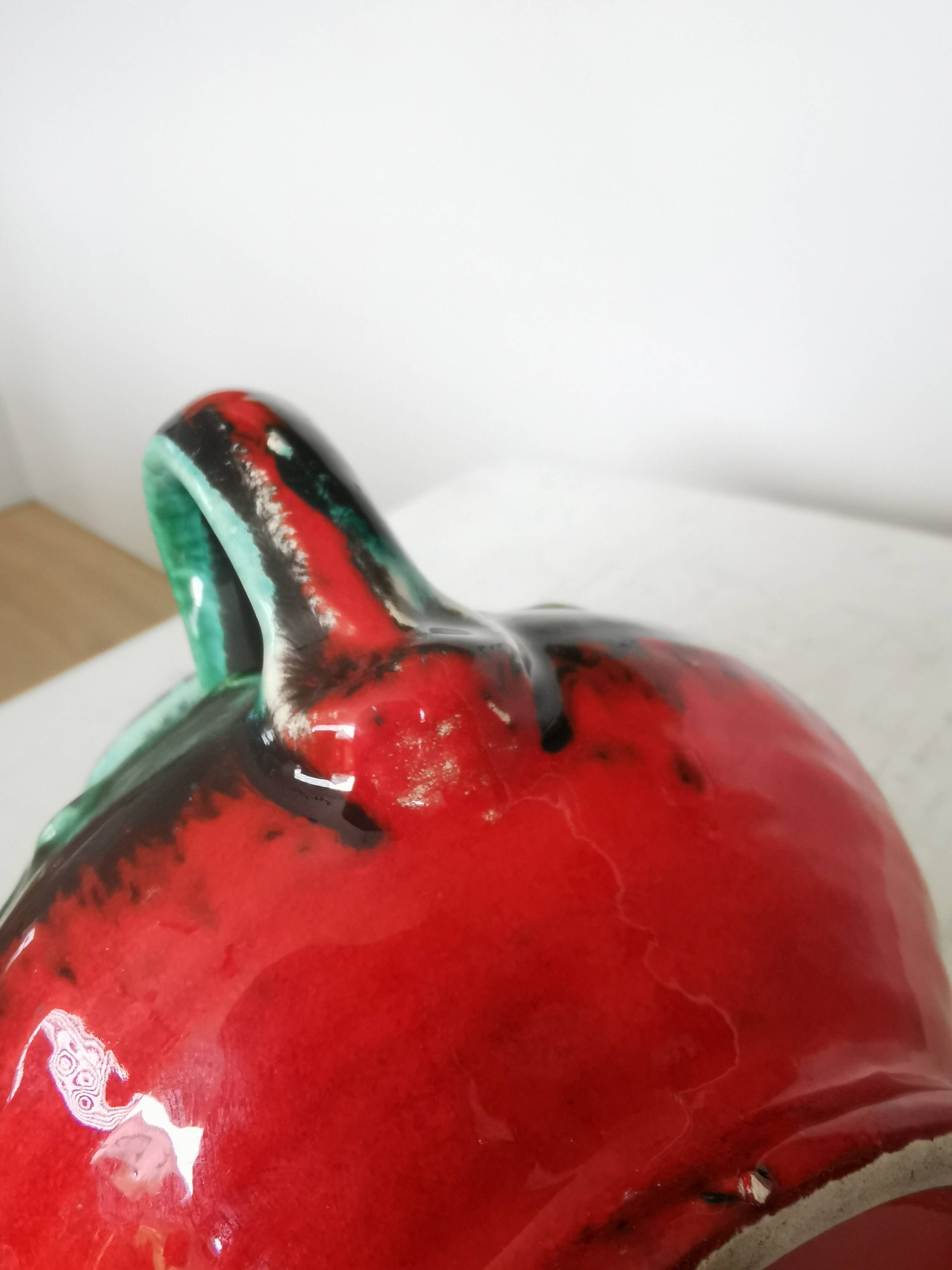 Fat Lava Pitcher Vase: Red Black Green Glaze, West German Pottery