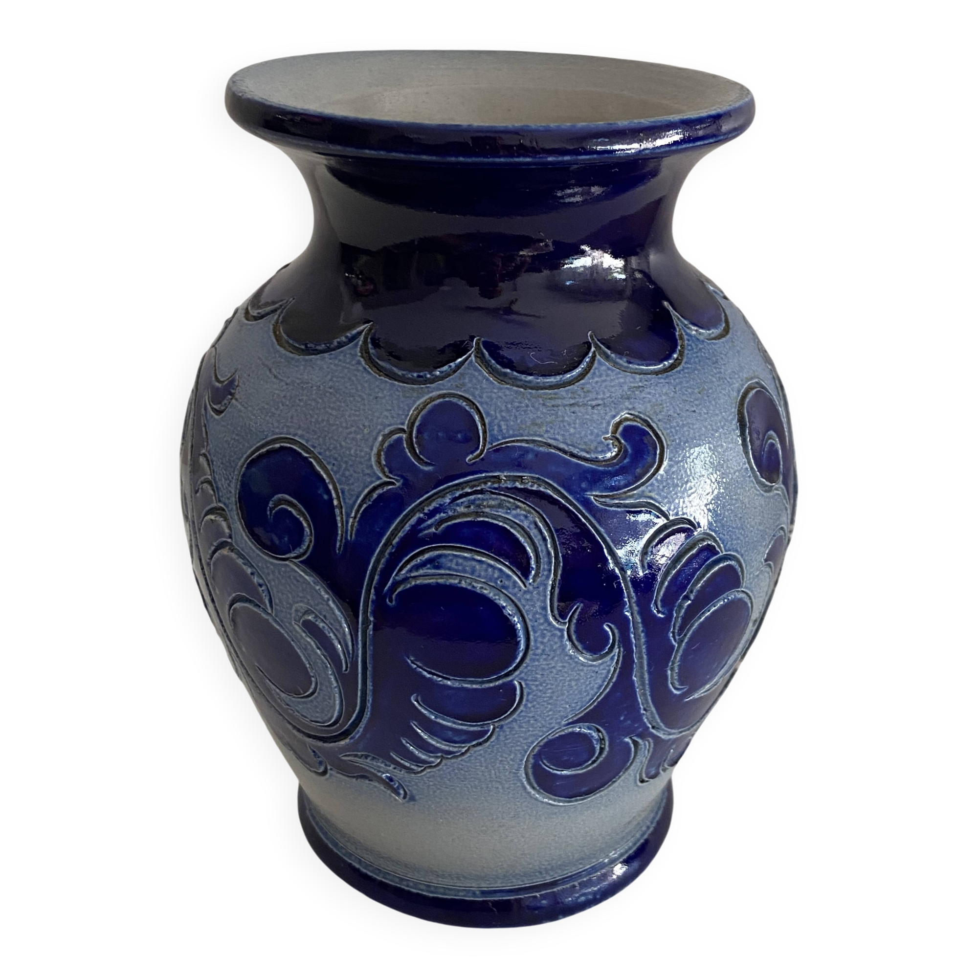 Antique Small Glazed Stoneware Vase, Chiseled, Alsace, Bestchdorf, Signed