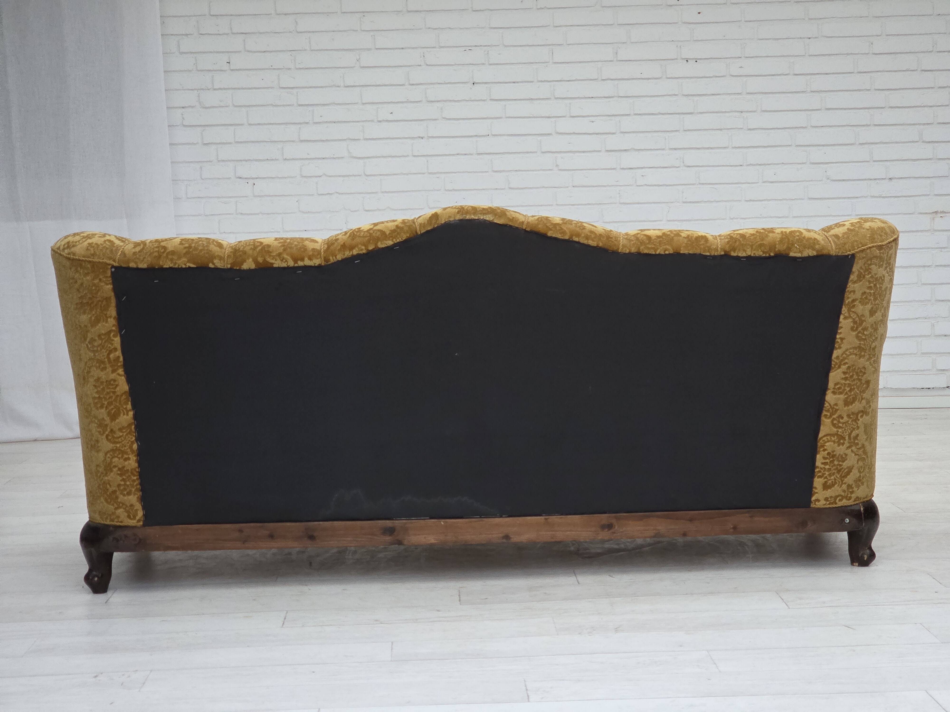 1950s, Danish 3-seater sofa, furniture velour, carved oak wood.