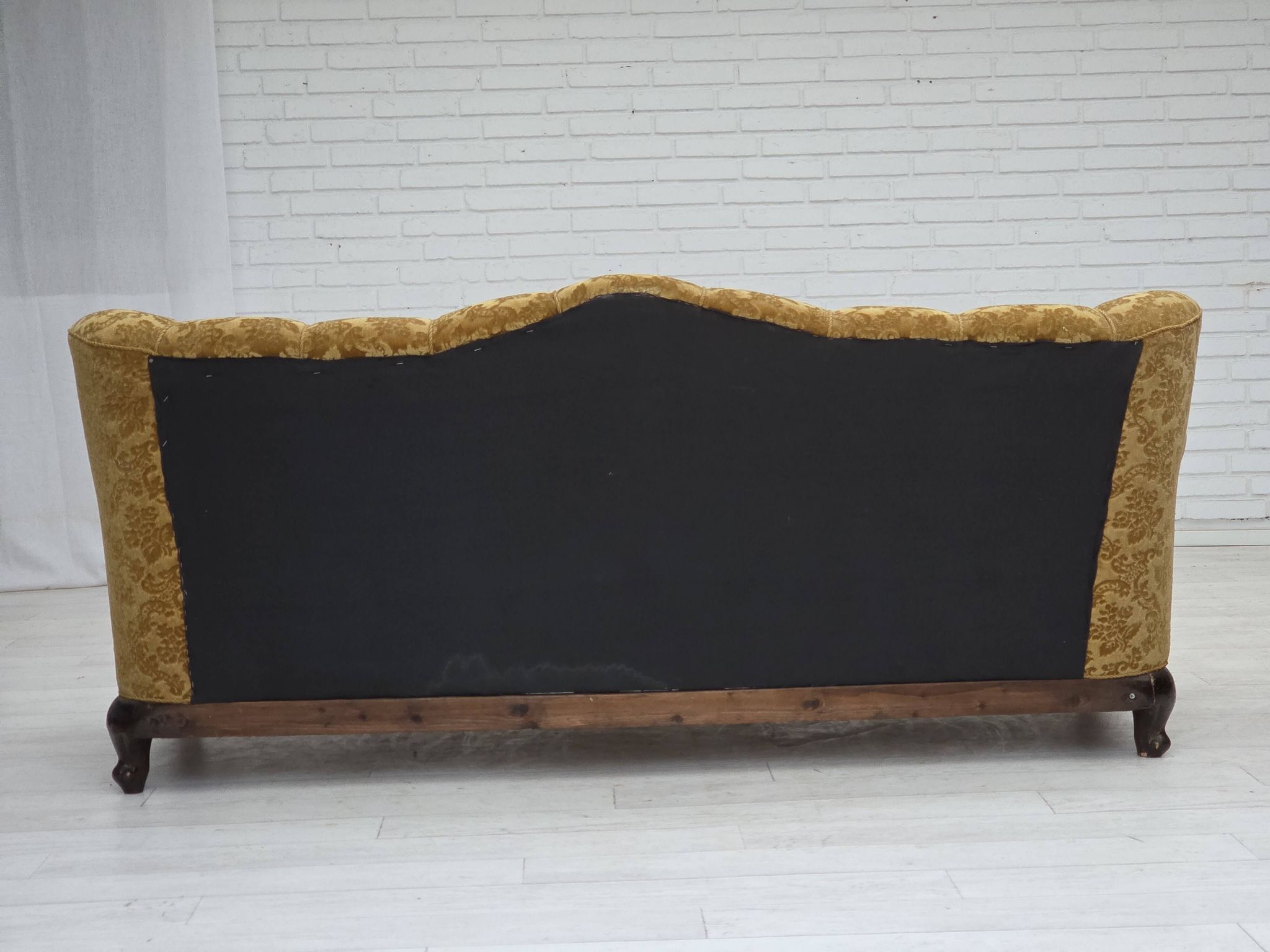 1950s, Danish 3-seater sofa, furniture velour, carved oak wood.