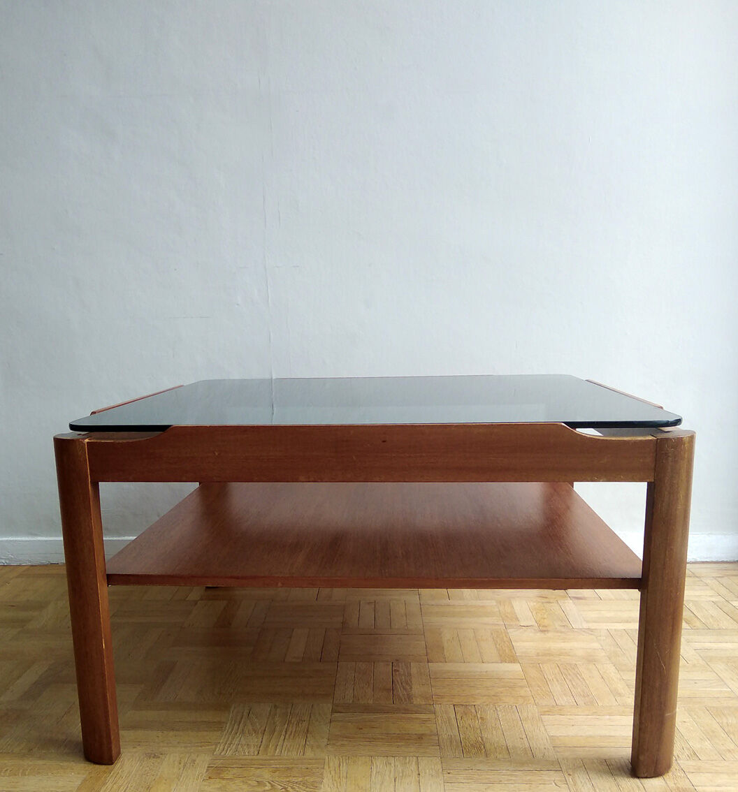 Table basse carrée en teck et verre - 1970