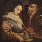 Tableau flamand scène d'intérieur du 18ème siècle