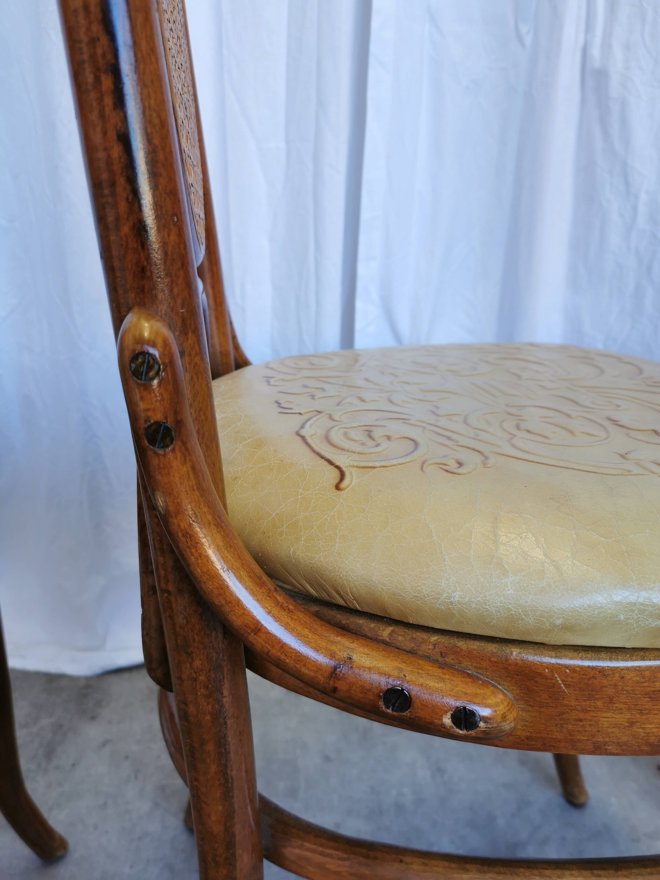 Set of 4 Vintage Bentwood Dining Chairs: Cane Back, Leather Seat, Thonet St