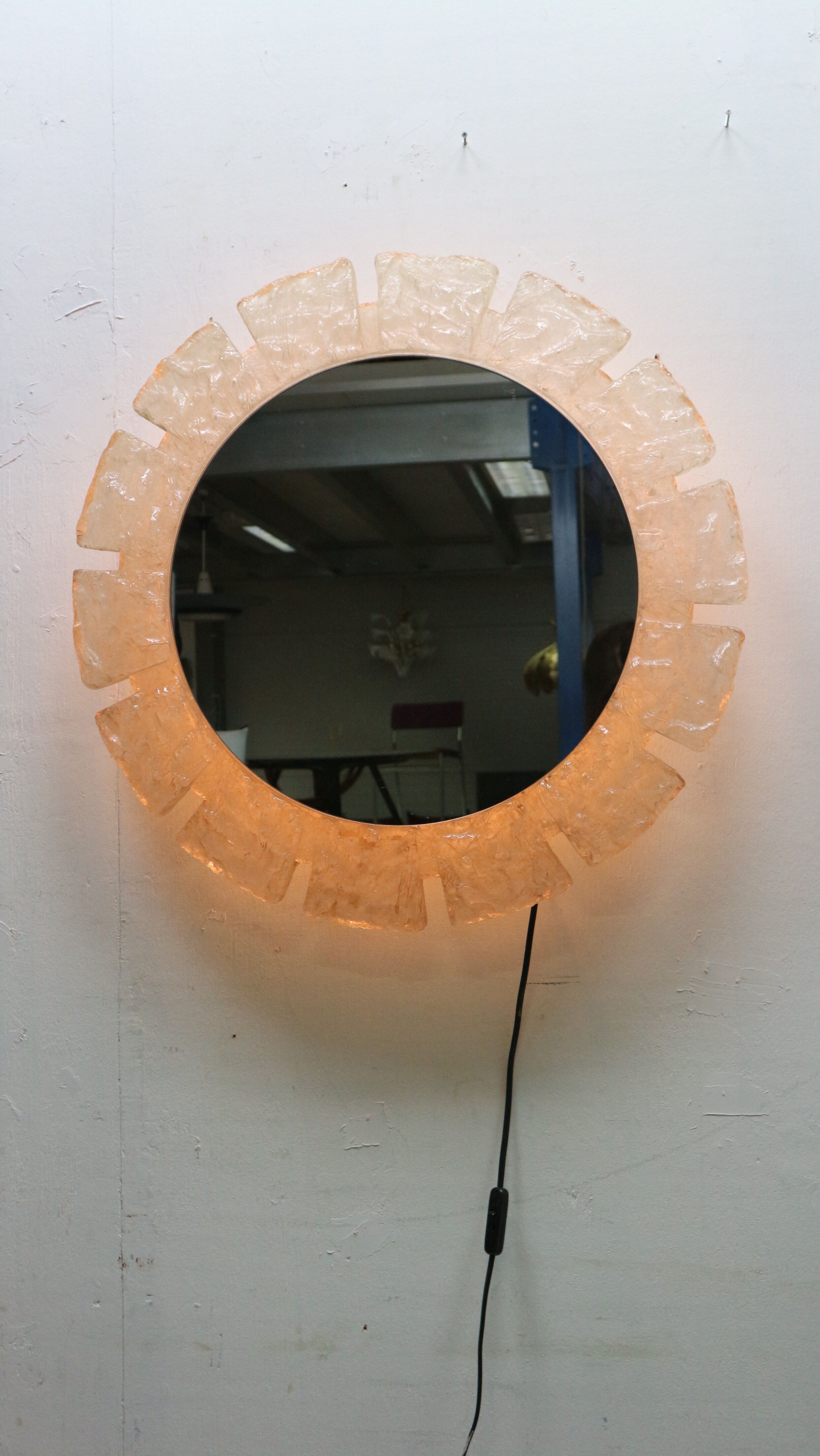 Egon hillebrand round acrylic illuminated mirror with lightening, 1970's germany