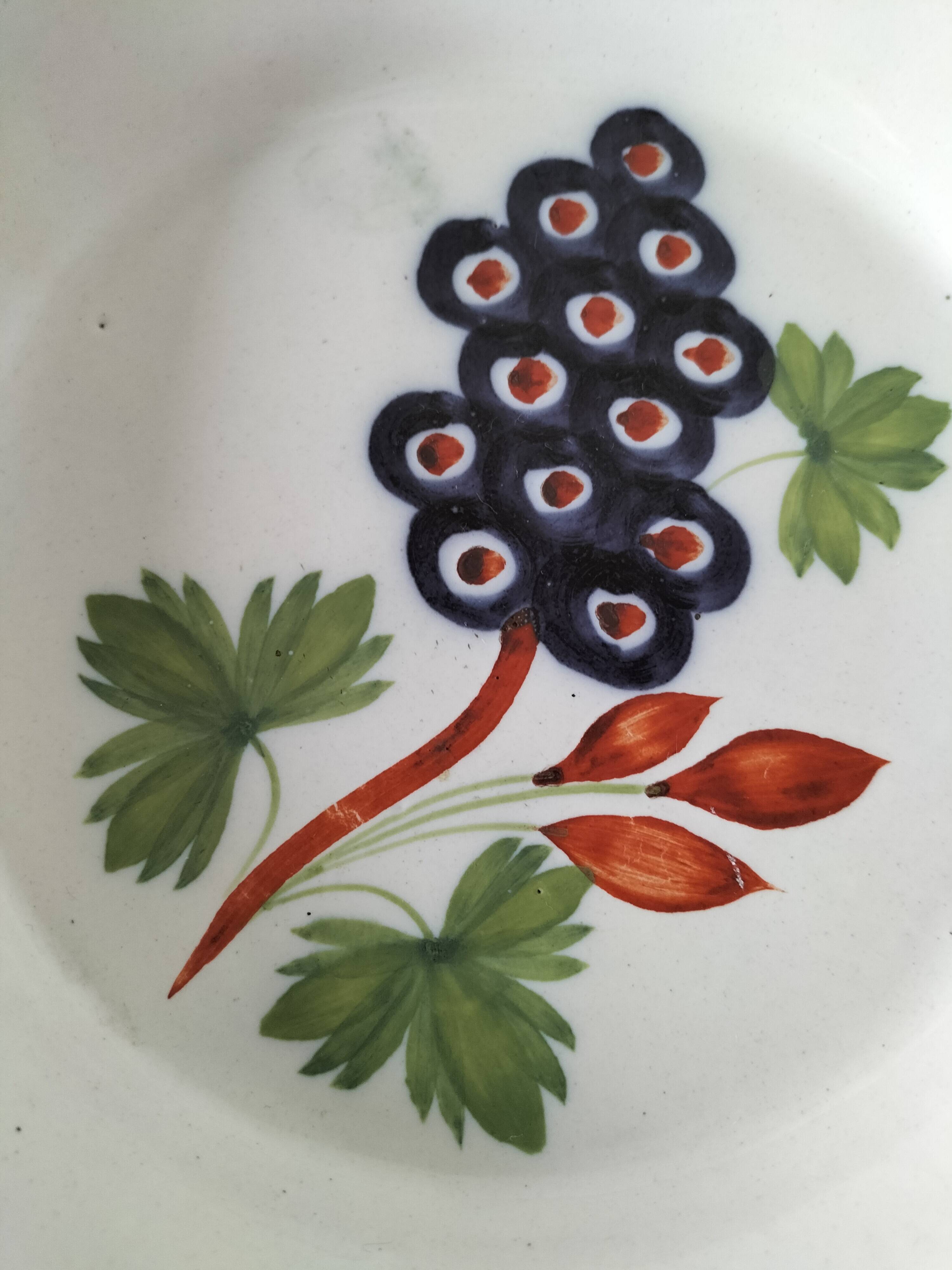 Pair of antique soup plates with hand-painted grape decoration