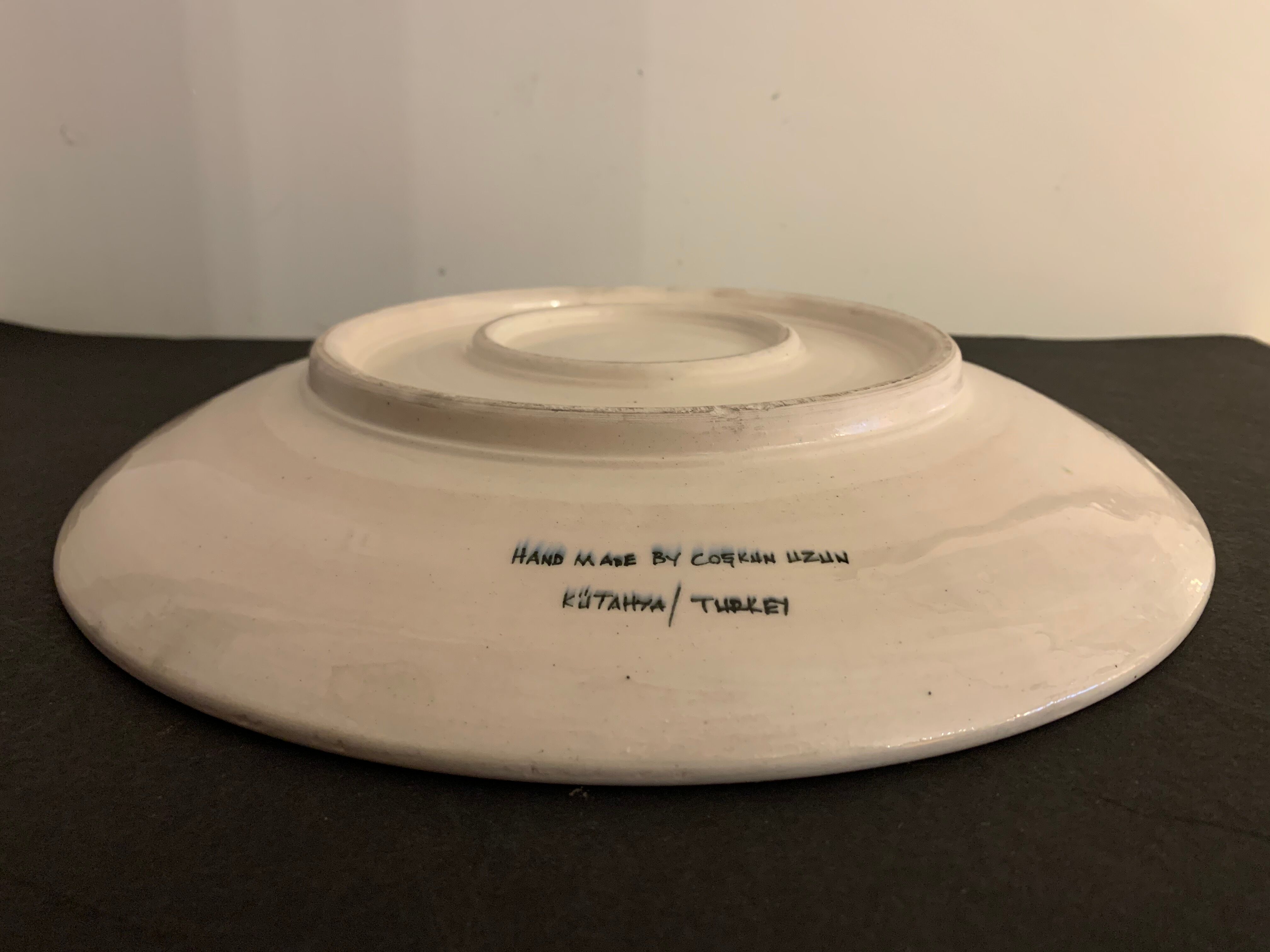 Turkish earthenware dish, coloured, handmade and signed Coskun Uzun, Kotahya, Turkey