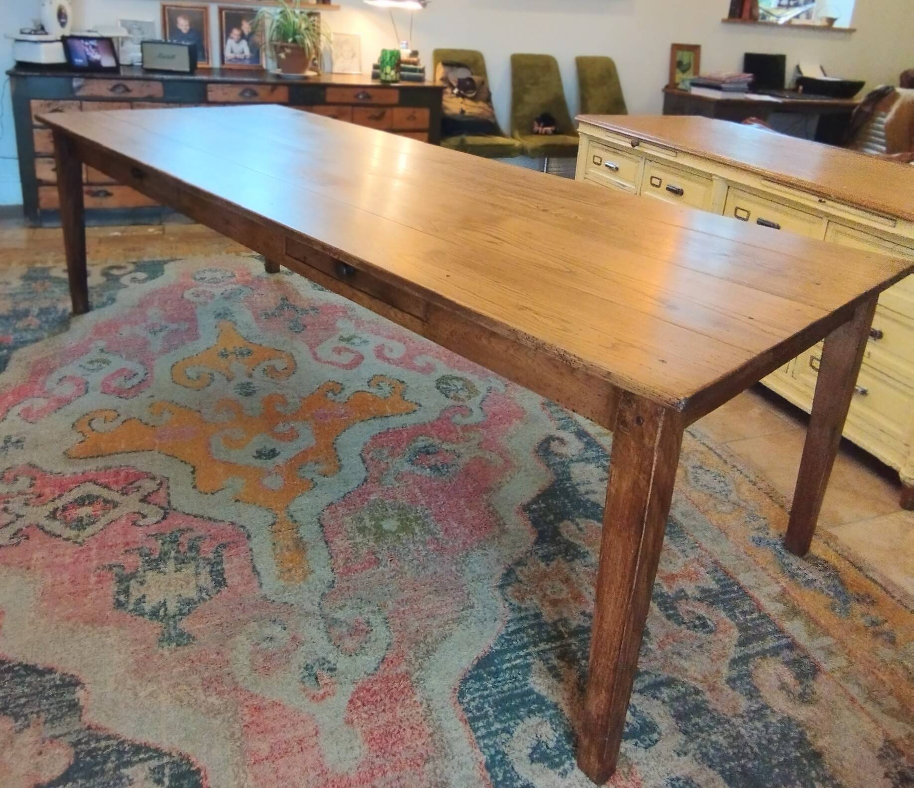XXL solid oak farmhouse table 260x100 patinated two drawers