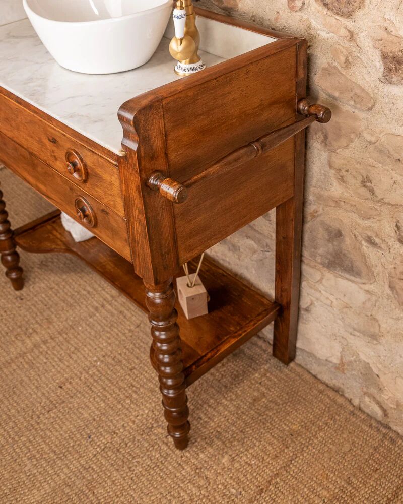 Marble and wood washbasin cabinet in Louis-Philippe style with double drawer.