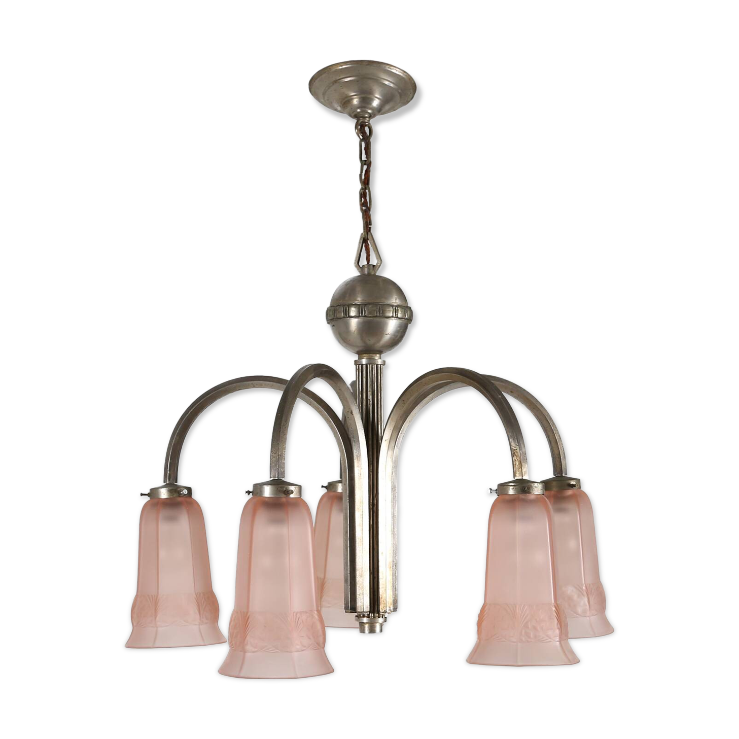 Art Deco chandelier with etched pink glass shades, Belgium 1930s