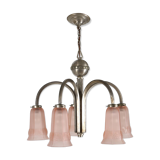 Art Deco chandelier with etched pink glass shades, Belgium 1930s