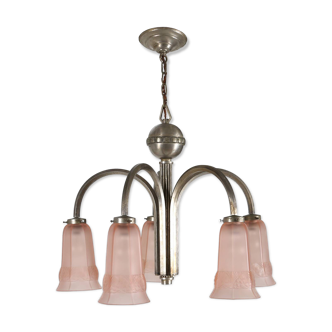 Lustre Art Déco en verre rose gravé, Belgique années 1930