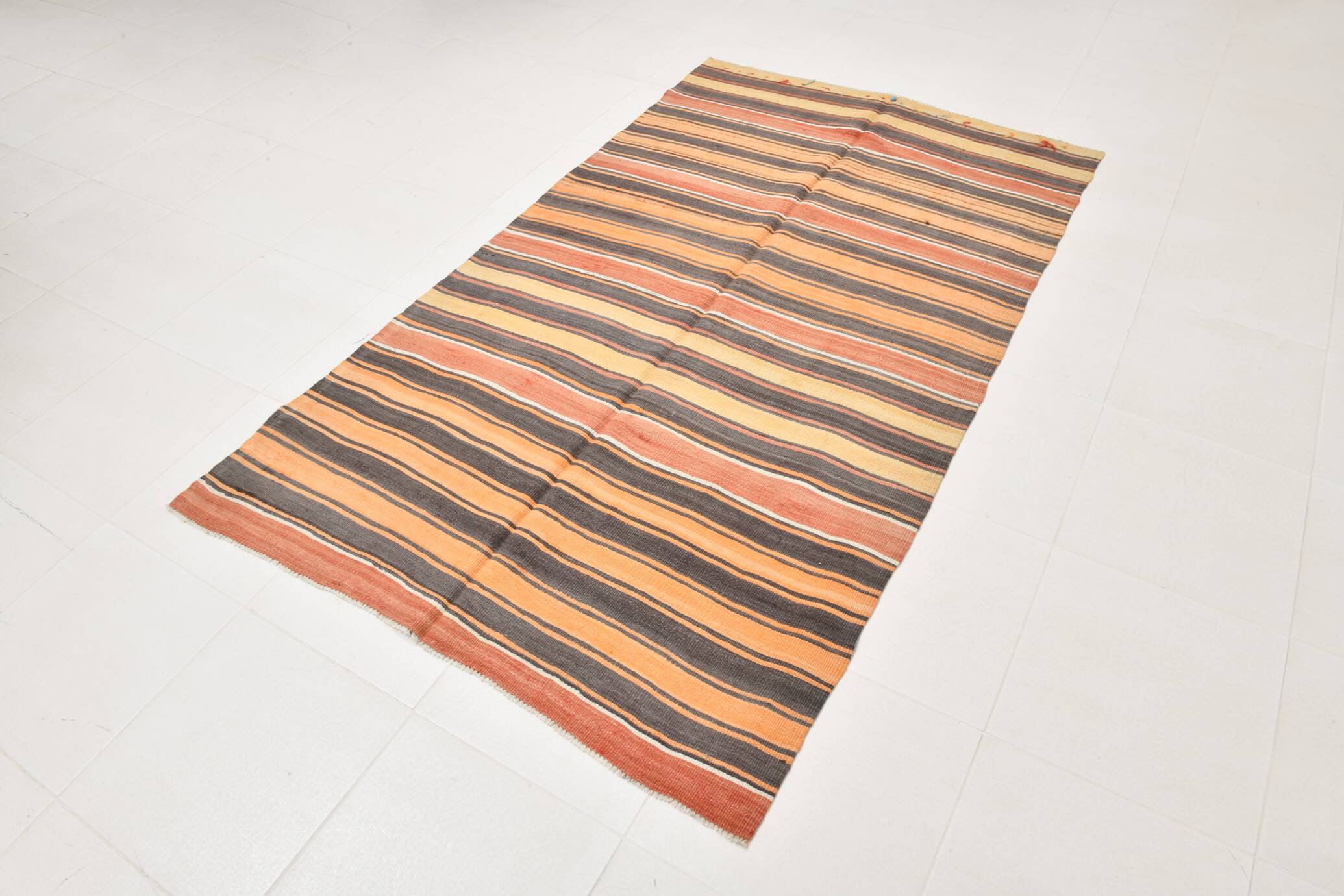4x7 Kilim Terracotta Red & Orange Striped Turkish Vintage Kilim Rug