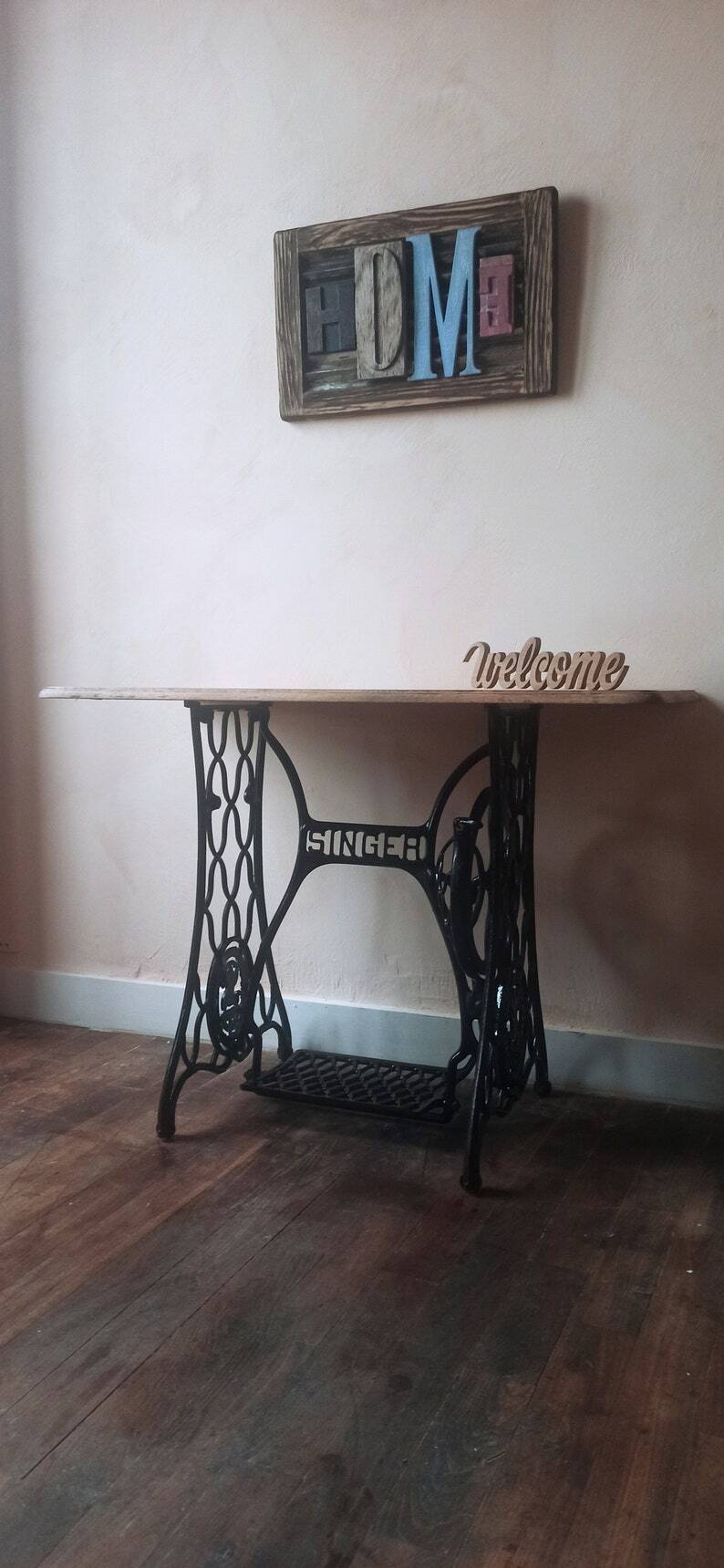 Solid wood and cast iron desk/Singer sewing machine table/entrance console/bathroom furniture