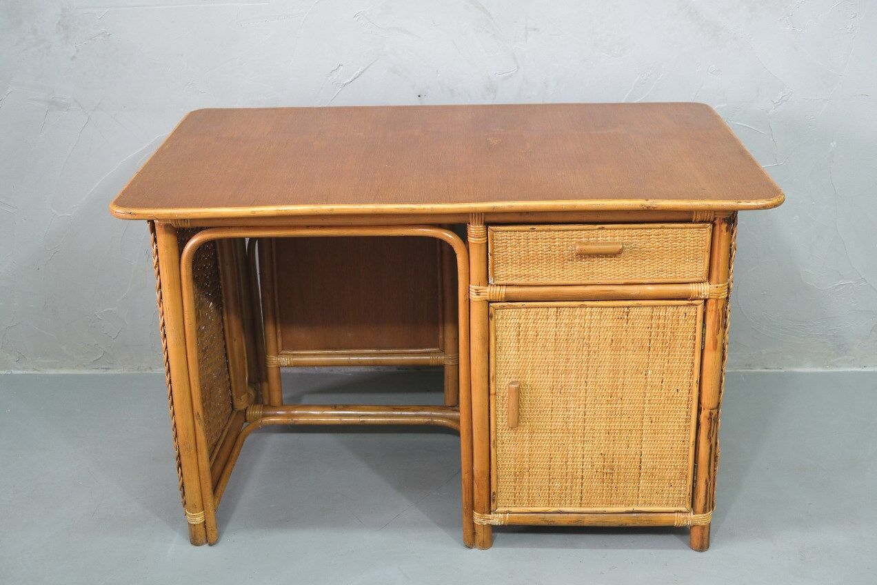 Mid-century italian bamboo, rattan and teak desk, 1960s