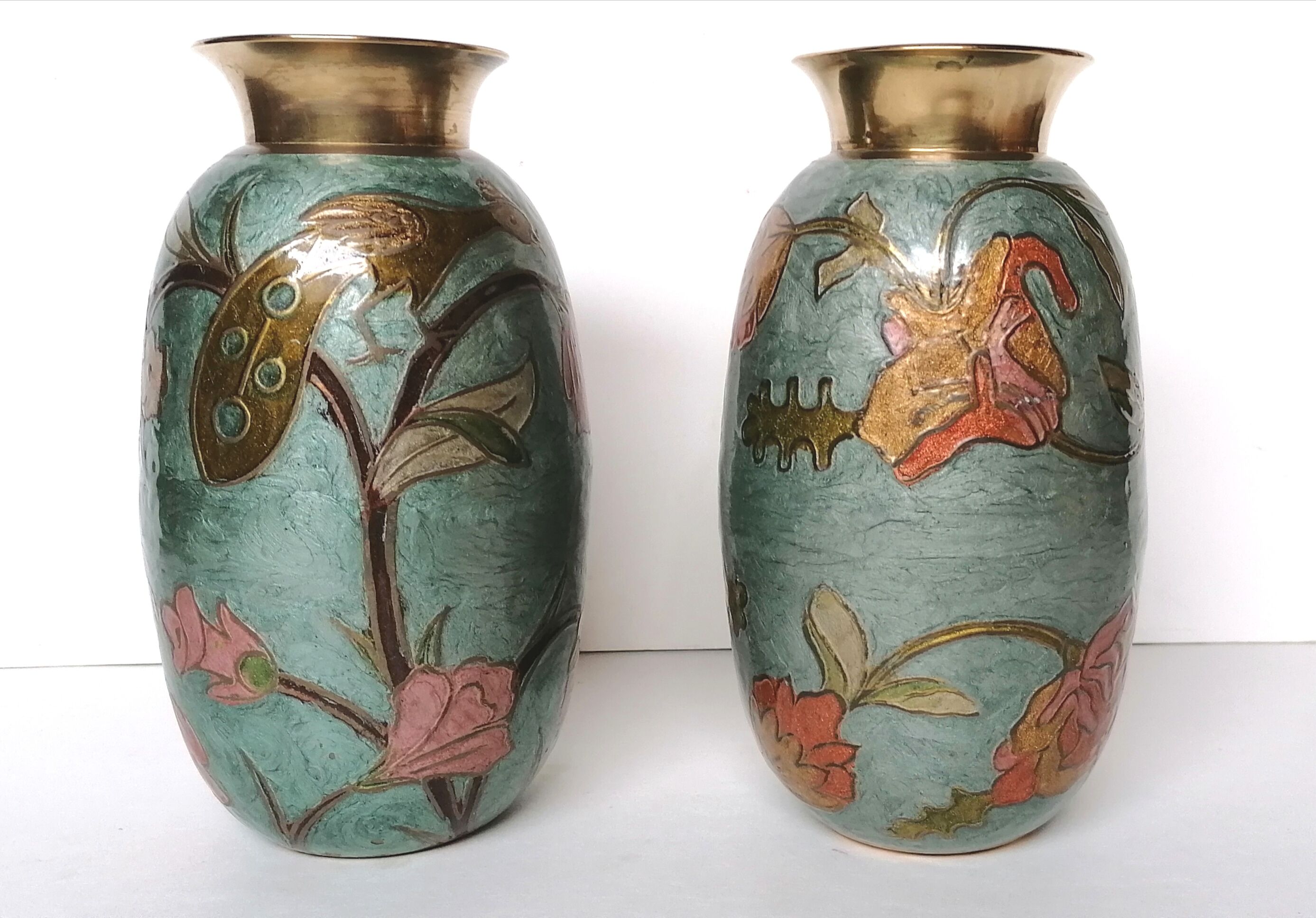 Pair of enamelled brass vases