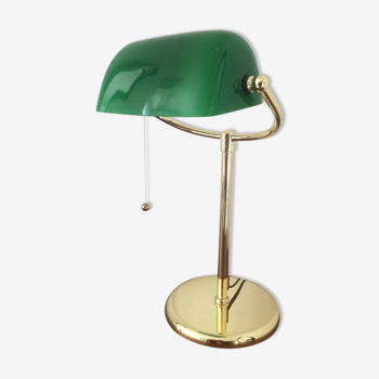Lampe de banquier vintage en métal doré et verre opalin