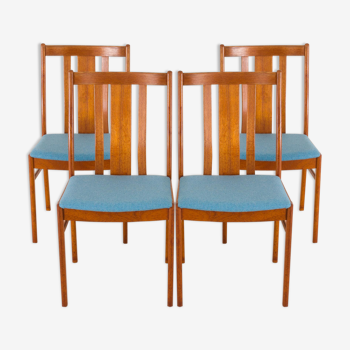 Set of 4 Danish mid-century teak chairs in new blue upholstery