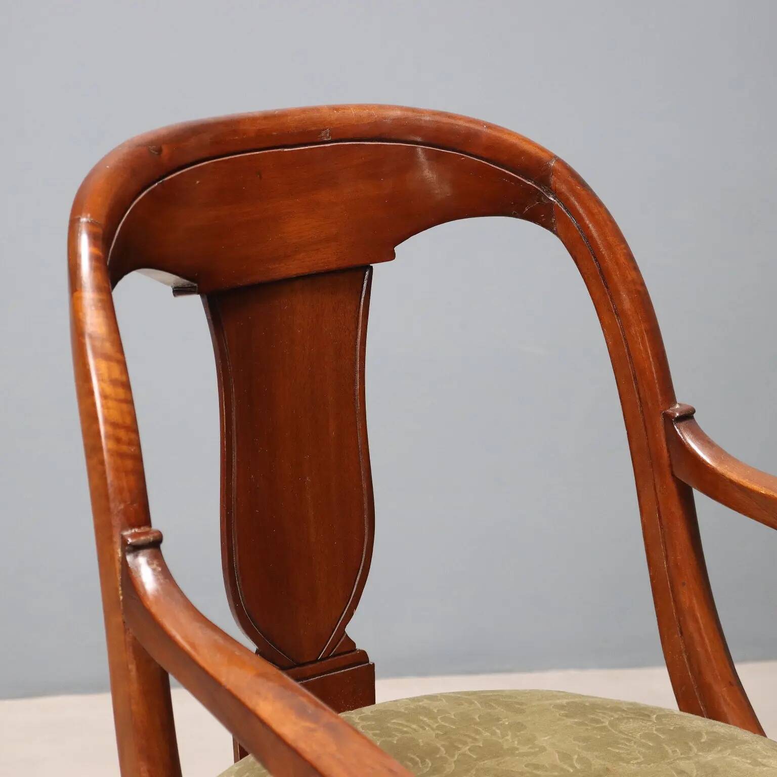 Antique Charles X armchair in walnut and fabric, Italy, mid-19th century.