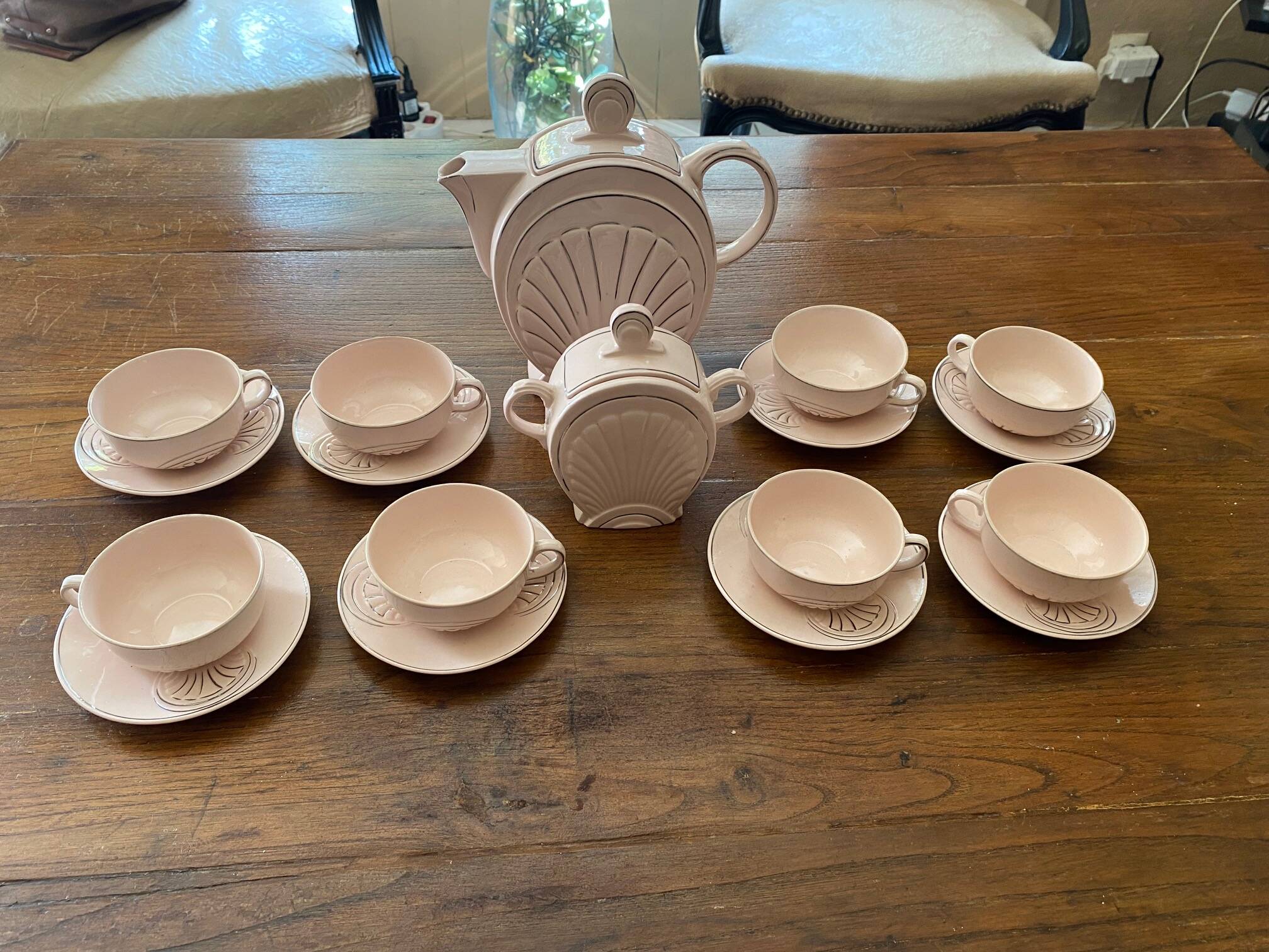 1930s art deco coffee service in pale pink earthenware with shell decoration
