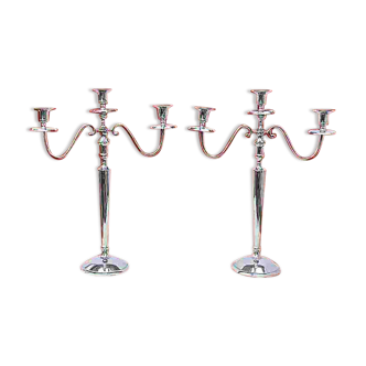 Pair of elegant vintage three-armed candlesticks in chrome-plated metal